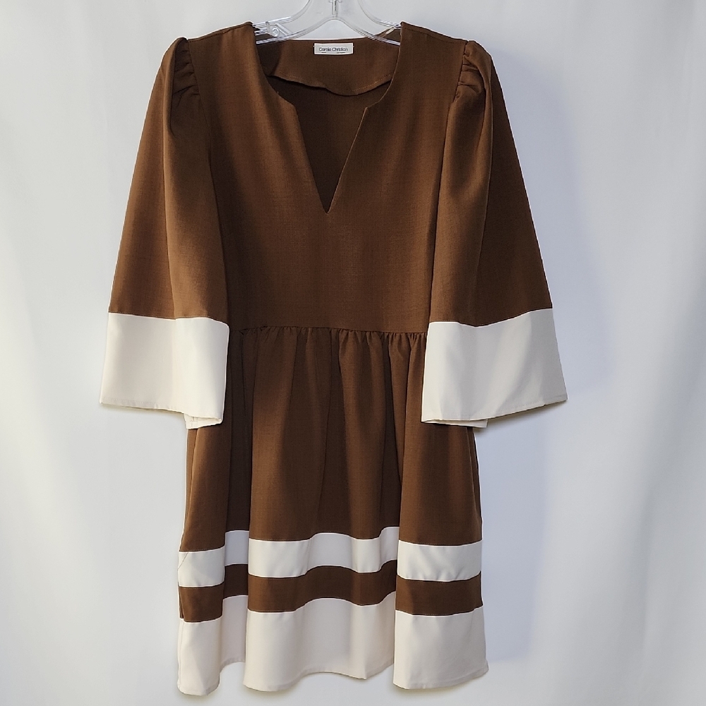 CAROLE CHRISTIAN Chic Two-Tone Brown and Cream V-Neck Dress